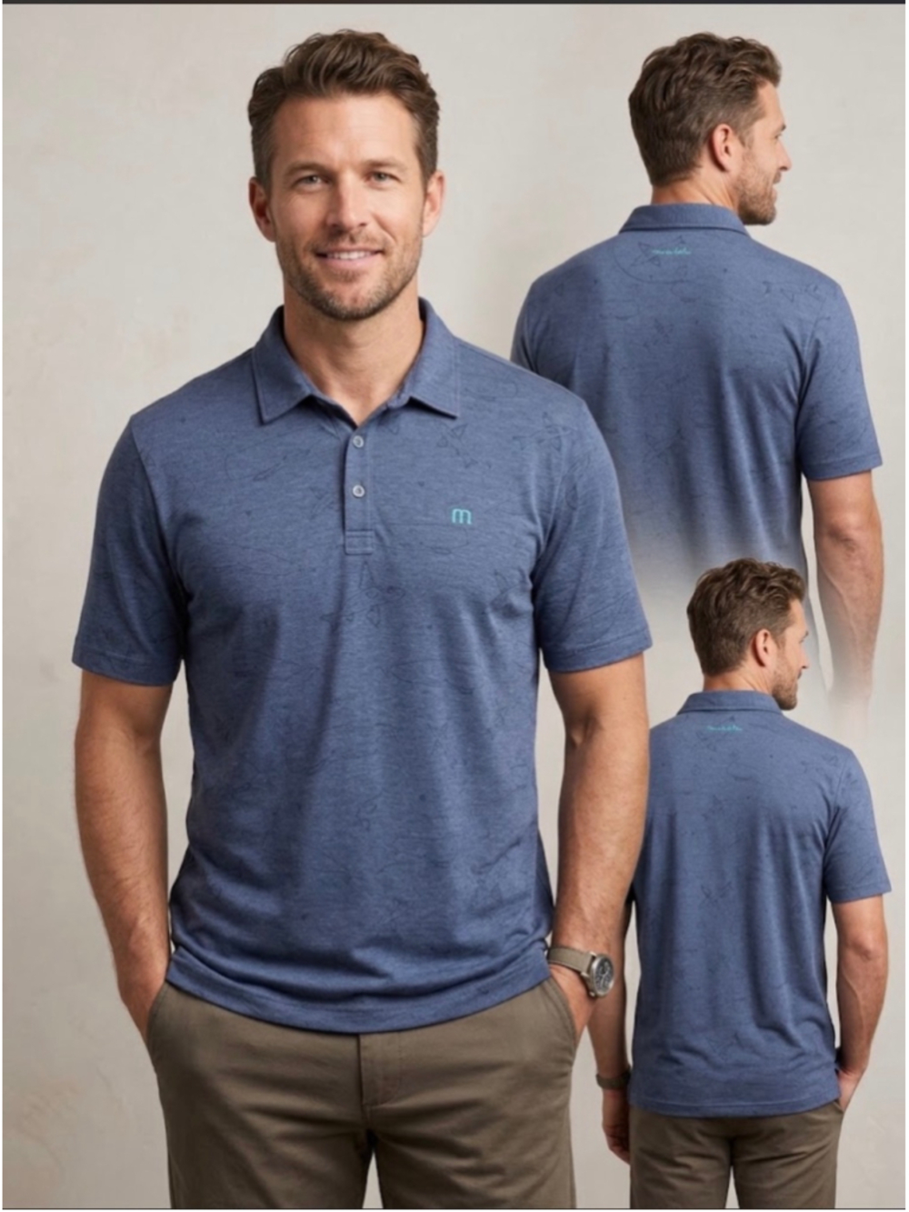 Men's TravisMathew Polo Shirt Size L Blue Teal Graphic Marine Print
